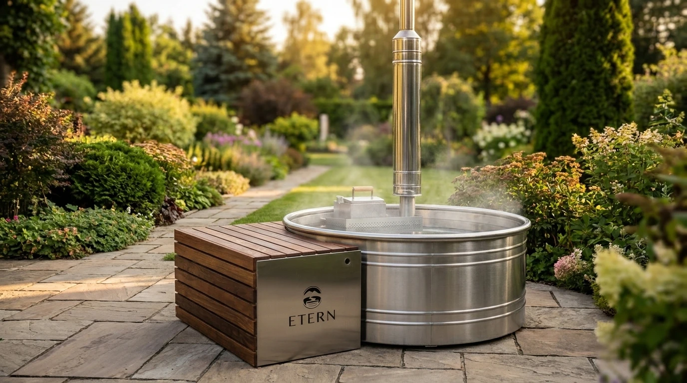 HOT TUB 165 – stalowa balia ogrodowa z piecem na drewno i drewnianą skrzynią techniczną w ogrodzie